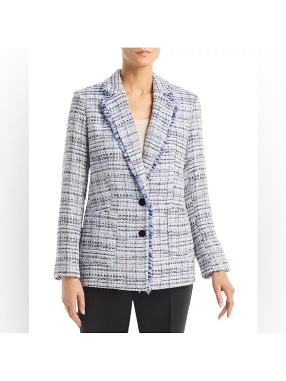 Karl Lagerfeld Paris Blue Tweed Fringe Blazer Jacket Size 4 - Picture 5 of 11